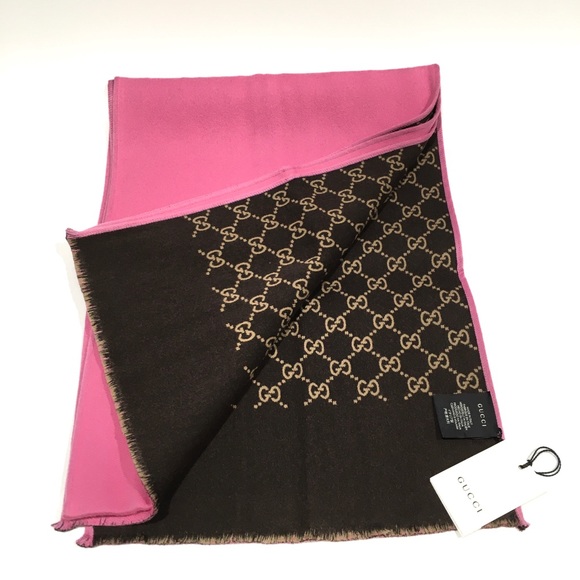 GUCCI Guccissima Wool / Silk Scarf -Brown / Pink Double Side -NWT - Picture 2 of 9